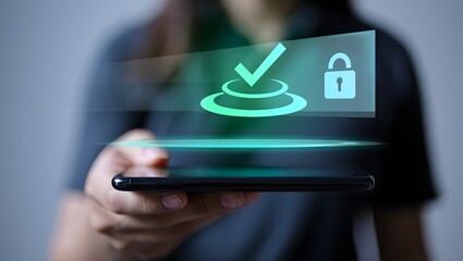 Woman holding smartphone displaying digital security and verification icons
