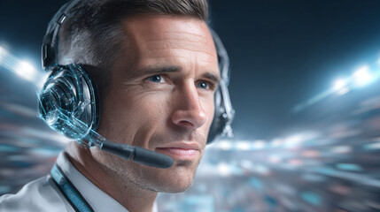 A man wearing headphones and a microphone, suggesting he is likely a sports commentator or radio host. He has a focused expression on his face, looking directly at the camera with a slight intensity.