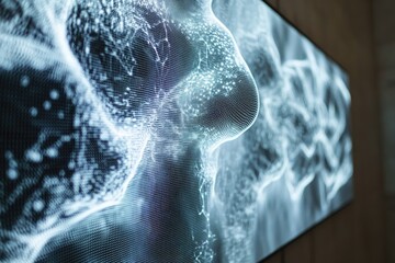 A vibrant digital display features an abstract, undulating organic form composed of countless glowing dots, suggesting data visualization or a futuristic interface.