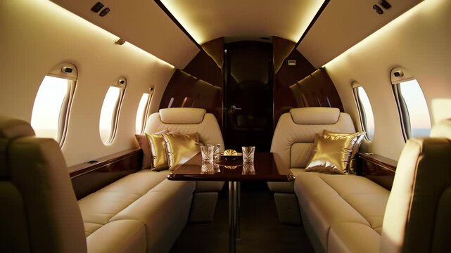 Elegant interior of a luxurious private jet with leather seats and a wooden table