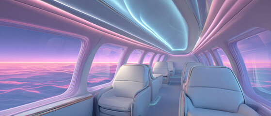 The interior of a luxury airplane cabin during sunset or sunrise, as indicated by the pinkish hues in the sky outside the . The cabin is well-lit with soft lighting that creates a serene atmosphere.