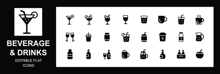 Beverages and drinks flat icon set, Juice, water bottle, takeaway, coffee, tea, drinking, glass, soda, cocktail, wine, Vector illustration