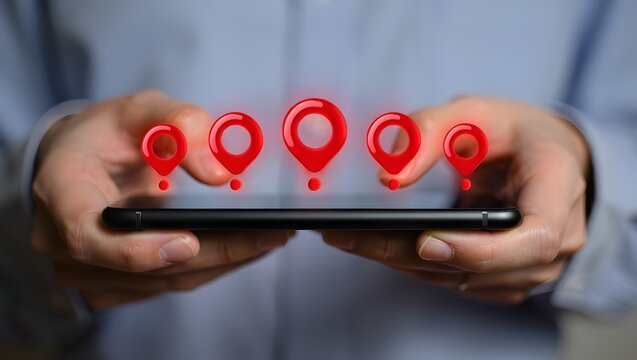 Hands holding smartphone with red location pins floating above screen