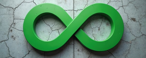 Green infinity loop symbol on cracked concrete surface representing circular economy. This concept signifies recycling reuse and sustainable business practices for future.