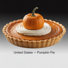 Classic pumpkin pie with whipped cream swirl and decorative pumpkin centerpiece