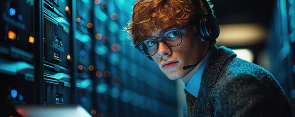 Focused technician working in a server room wearing a headset for communication