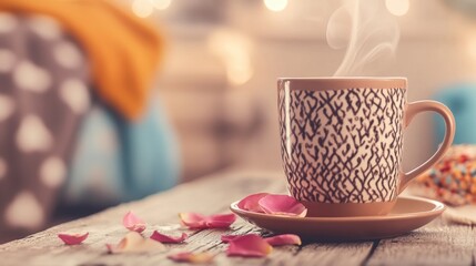 Warm cup of coffee surrounded by rose petals in a cozy setting