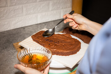 Woman hands adding sirup into a chocolate cake. Cooking for dinner party.