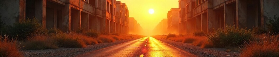 Abandoned Buildings Shimmering in Scorching Summer Heat Heat Haze Distorts View of Desolate Urban Landscape