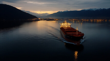 Cargo ship sails through a calm bay at dusk, lights twinkling on the shore, mountains in the background. A serene scene of maritime commerce.
