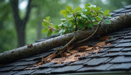 Fallen tree branch on house roof during rain. Damaged shingles and wood exposed shows storm impact. Needs urgent repair and safety check for property.