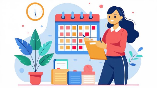 A woman stands in front of a calendar, arranging her daily schedule with detailed precision, A woman is arranging a schedule for the day off, Simple and minimalist flat 2d Animation