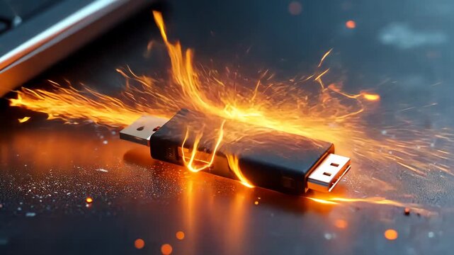 Exploding usb drive with sparks and fire on desk captured in slow motion