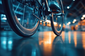 Low-angle view of a bicycle wheel, chain, and foot on pedal. Reflective floor catches blue and orange bokeh lights, urban atmosphere.