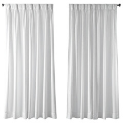 Two identical white curtains hang from a rod against a black background. The fabric is pleated