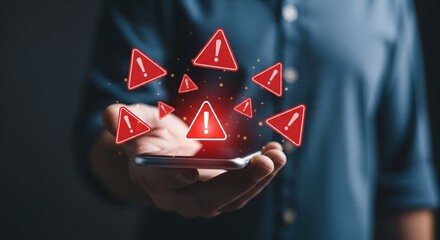 Person holding smartphone displaying alert notifications in a digital environment.