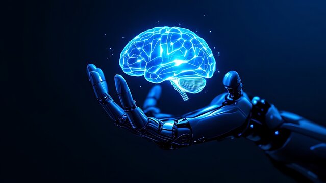 Ai brain interface technology robot hand artificial intelligence neural network machine learning concept on transparent background