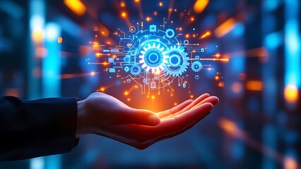 Digital technology innovation concept future automation engineering ai hand holding gears system on transparent background