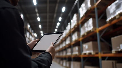 Inventory check with a tablet. Employee managing stock in a warehouse, using a digital tool for efficient tracking and operations.