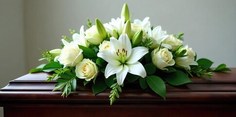 Serene White Lilies and Roses Funeral Tribute on Dark Wood Casket Elegant Sympathy and Remembrance Floral Arrangement