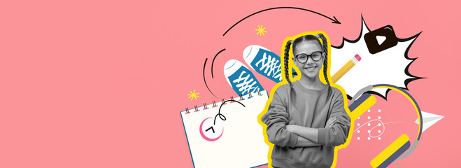 This vibrant collage features a cheerful student with glasses, surrounded by colorful art materials, sketchbooks, and playful doodles. The design captures a lively atmosphere of creativity and fun.