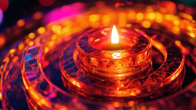 A lone candle sits atop a clear glass plate, casting warm light