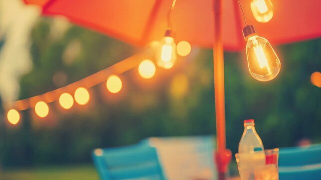 Evening relax under colorful umbrella with string lights glowing softly - Powered by Adobe