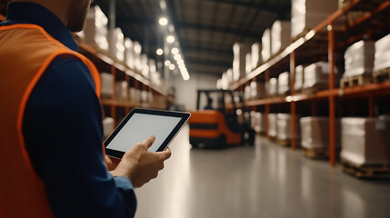 Warehouse worker using a tablet for inventory management. Focus on efficiency and technology in logistics for streamlined operations.