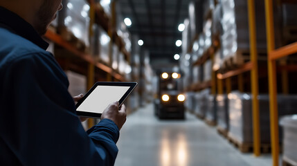 Warehouse worker using tablet to manage inventory with a forklift and shelving filled with goods in the background.