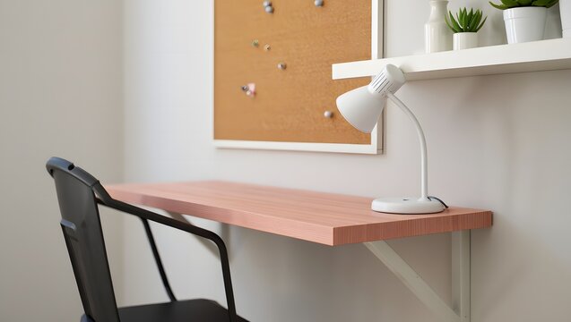Small wooden desk with a white lamp and chair in a bright room