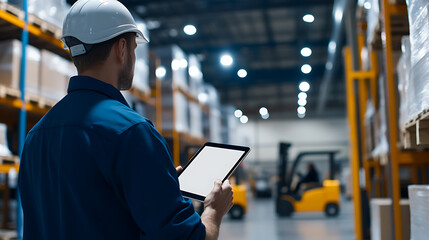 Warehouse worker using a tablet, overseeing inventory and logistics in a distribution center. Streamlined operations for efficient supply chain management.