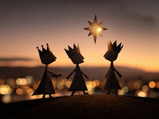 Three paper silhouettes of kings with crowns set against a twilight sky