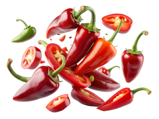 red jalapeno slices flying, cutout, PNG isolated on a white or transparent background, generated AI
