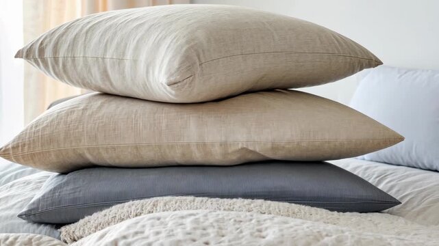 Cozy neutral pillows stacked on soft bedding in sunlit bedroom ambiance