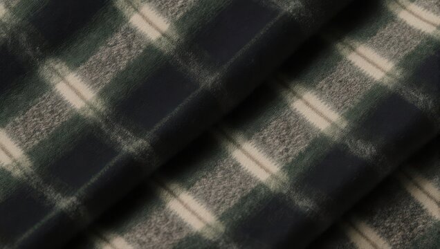 Close-up of folded fabric. Green, blue, beige squares form a repeating checked pattern