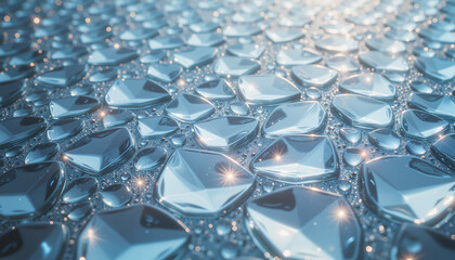 Water droplets on reflective surface with soft light background  