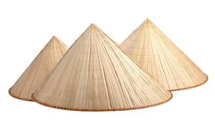 Three conical woven hats of varying sizes against a transparent background
