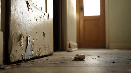 Decaying interior features peeling paint on doors, a sticker, and debris on the floor, suggesting age and neglect. A door opens to a bright space.