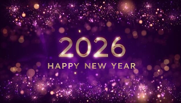 Sparkling golden bokeh particles background neon text Happy Happy New Year 2026 stars. numbers clock countdown, falling confetti glow light effects. Luxury festive sparkle holiday postcard, invitation