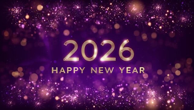Sparkling golden bokeh particles background neon text Happy Happy New Year 2026 stars. numbers clock countdown, falling confetti glow light effects. Luxury festive sparkle holiday postcard, invitation