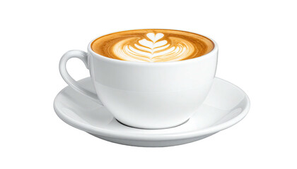 A white cup of latte with intricate foam art on a saucer, isolated on black