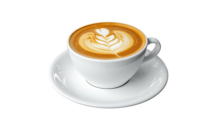 A latte with detailed foam art, served in a white cup on a saucer, set against black