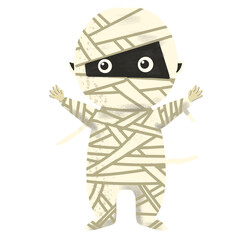 Fototapeta premium Mummy child with outstretched arms in a playful pose. Perfect for halloweenthemed designs, childrens books, and festive merchandise.