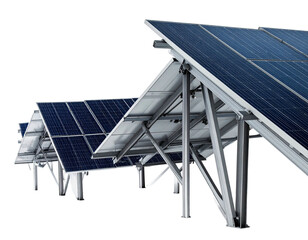 Angled perspective view of a row of solar panels with metal frames