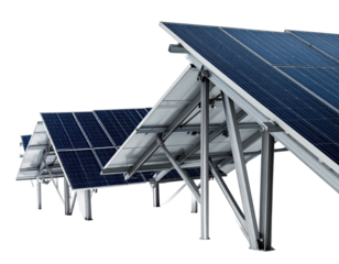 Angled perspective view of a row of solar panels with metal frames