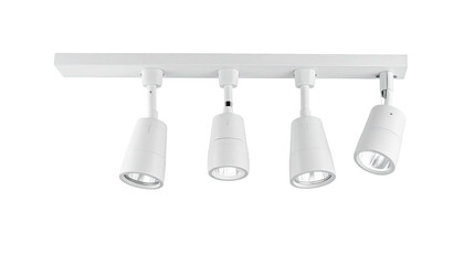 A white, modern track lighting system with four adjustable spotlights against a black background
