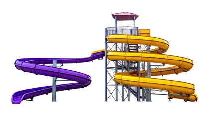 A vibrant water slide complex with purple and yellow swirling tubes and a viewing tower