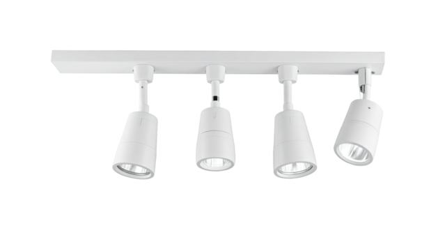 A white, modern track lighting system with four adjustable spotlights against a black background