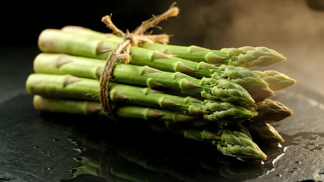 Fresh raw green asparagus bundle tied with twine on a wet slate table with rising steam
