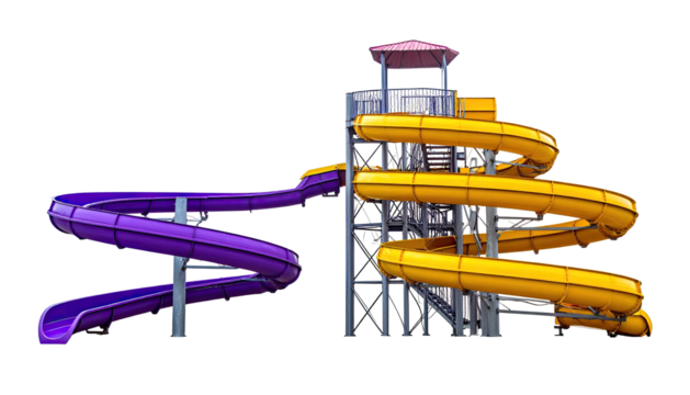 A vibrant water slide complex with purple and yellow swirling tubes and a viewing tower